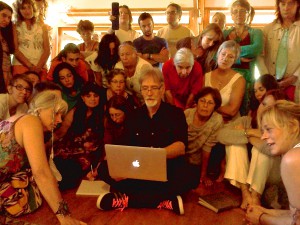 Workshop participants gather around Crows Nest founder C. Michael Smith while teaching in Payzac, France. September 2014.